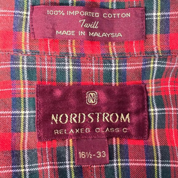Nordstrom Men’s Plaid Shirt Red & Blue Size 16 1/2-33 Relaxed Fit Button-Down - Picture 3 of 15